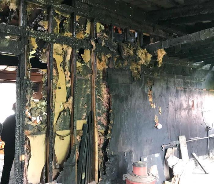 Fire damaged walls and ceiling.
